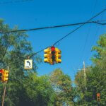 Red lights at a tree-lined intersection